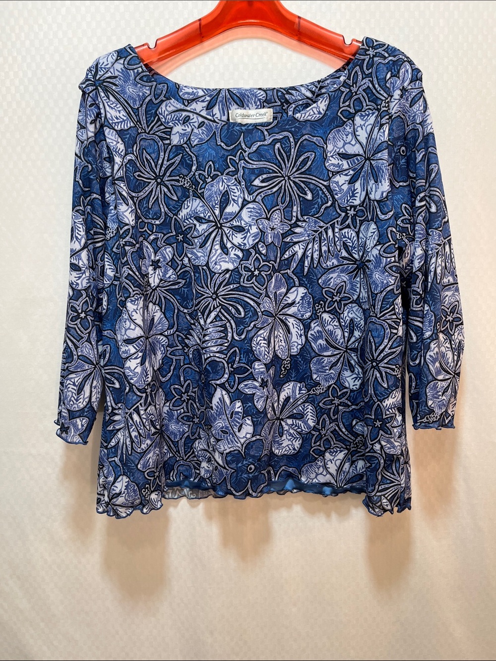 Coldwater Creek Blouse XXL Navy and Light Blue Floral Scoop Neck Tunic